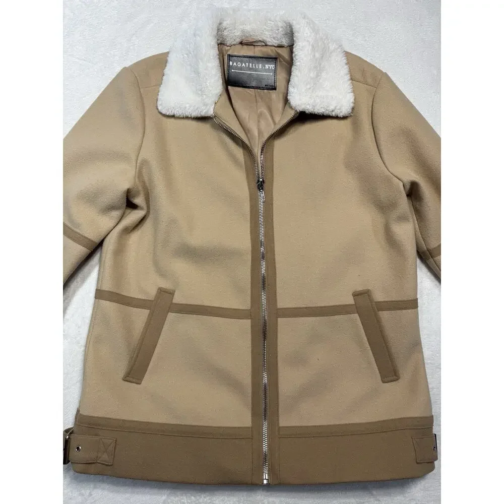 Bagatelle SZ L Penny Lane Style Coat Faux Fur Collar Buckle Zipper Lined Vegan